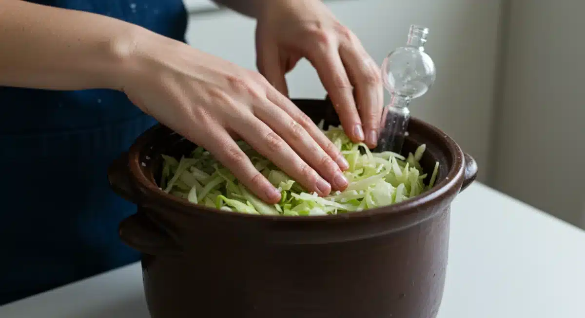Manos preparando chucrut en un recipiente de fermentación con sal y repollo.
