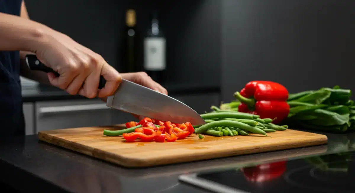 Preparación rápida de ingredientes frescos para paella en una cocina moderna.