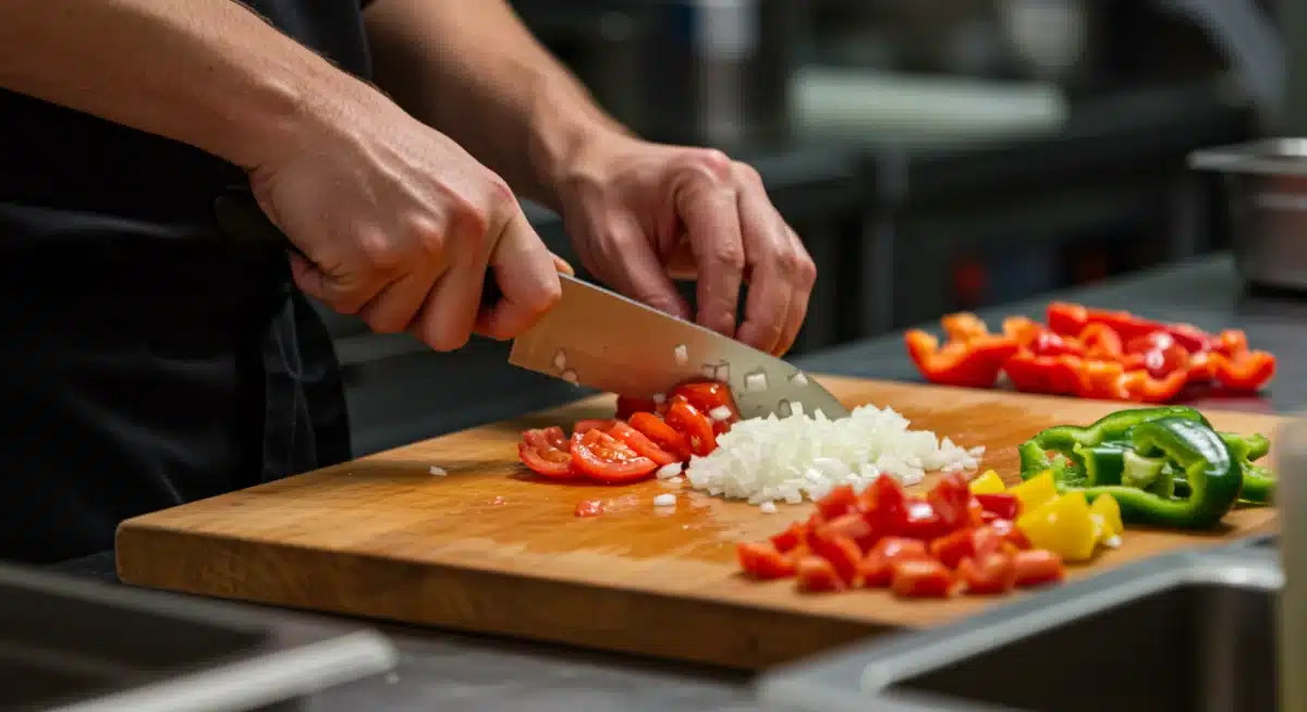 Manos de chef cortando ingredientes frescos con rapidez para preparar tapas en poco tiempo.