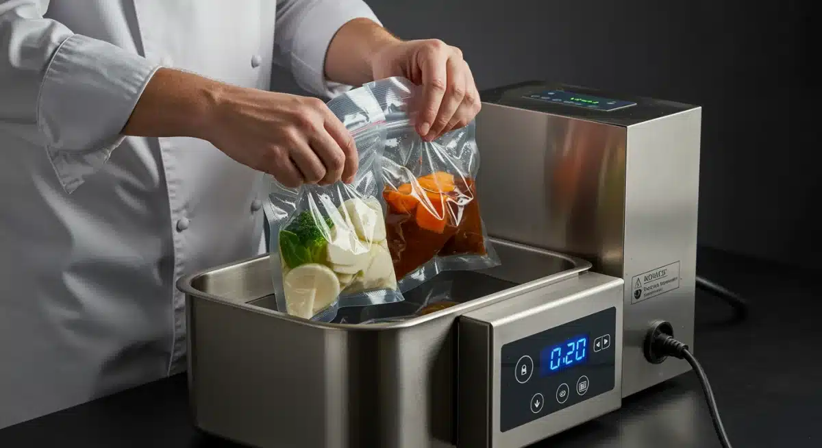 Chef preparando ingredientes para cocción al vacío en un baño maría de precisión.