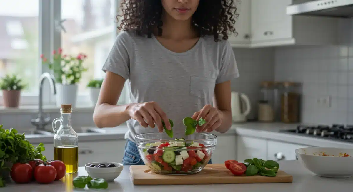 Persona preparando ensalada mediterránea fresca en cocina moderna