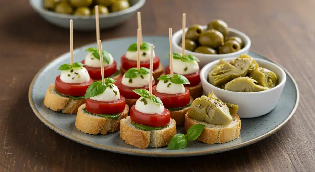 Pintxos variados y aceitunas en cuencos pequeños, listos para servir como tapas elegantes y rápidas.