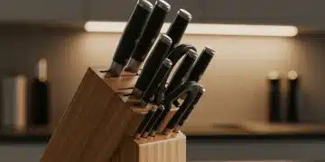 High-quality professional knife set displayed in a wooden block on a kitchen counter.