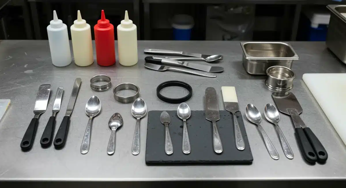 Assortment of professional plating tools: squeeze bottles, spatulas, spoons, and molds.