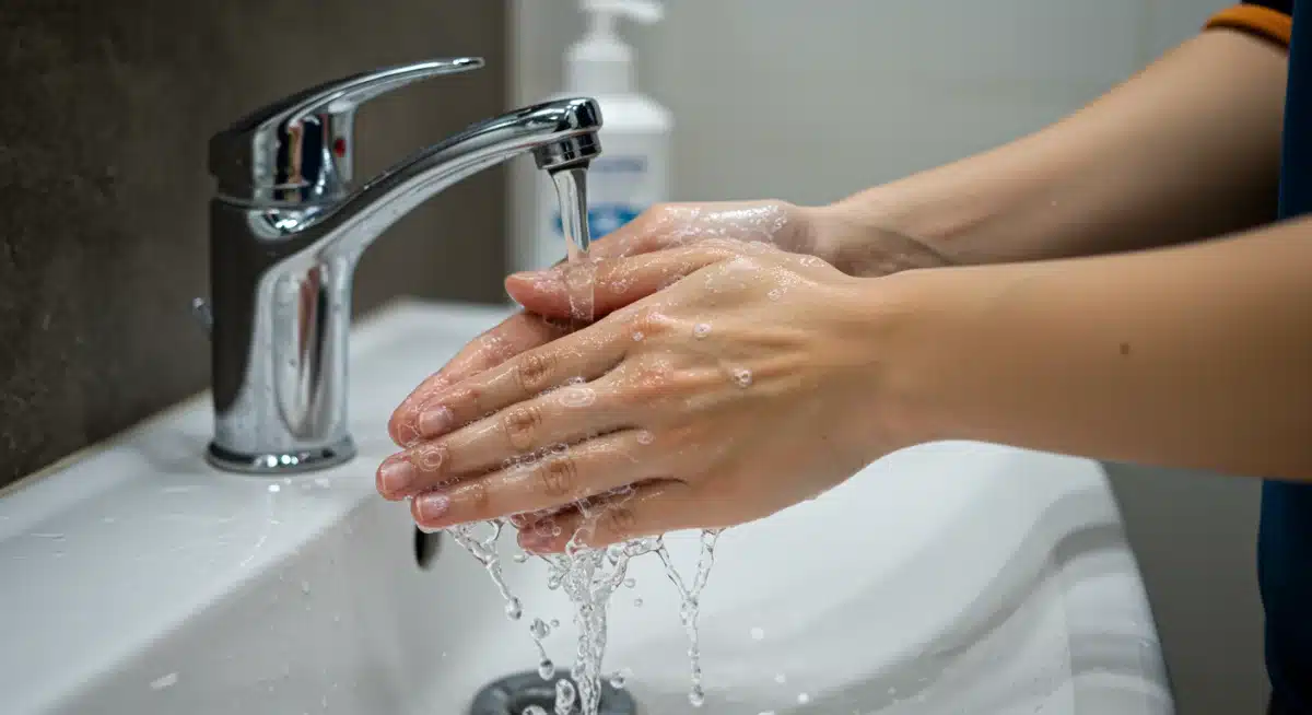 Person thoroughly washing hands with soap and water to prevent germ spread.