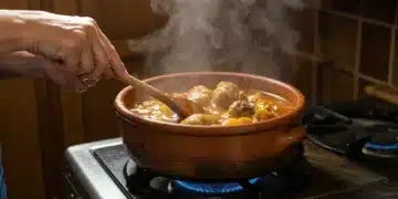 Puchero andaluz tradicional cocinándose lentamente en una olla de barro, evocando la cocina de la abuela.