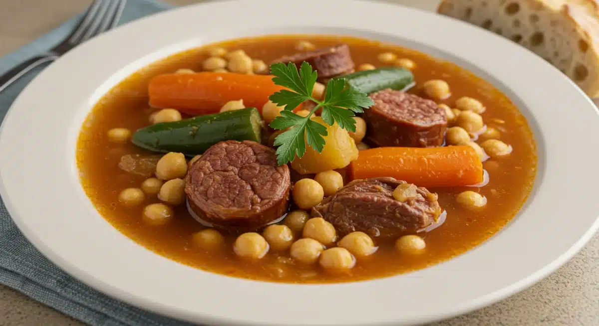 Puchero andaluz emplatado, con caldo, carnes, verduras y garbanzos, listo para degustar.