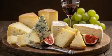 Variedad de quesos españoles de autor en tabla de madera con frutas y vino