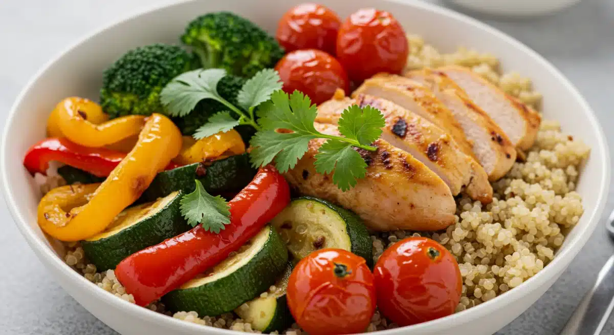 Tigela de quinoa colorida com vegetais assados e frango grelhado, um jantar rápido e saudável.