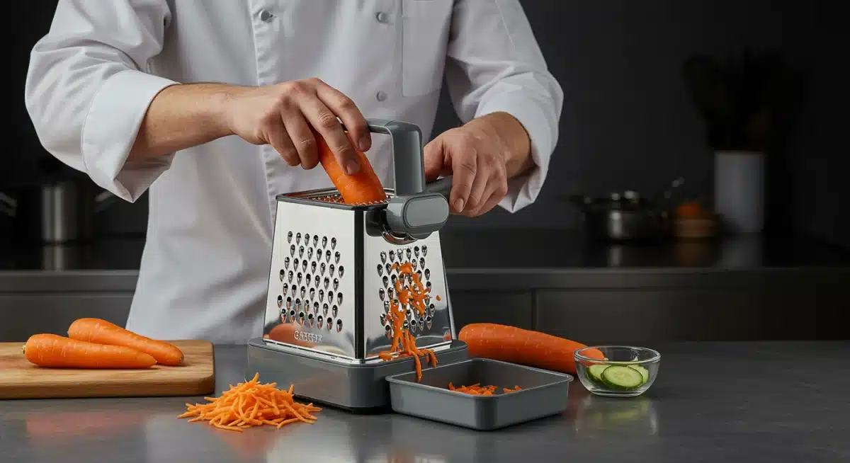 Chef utilizando un rallador de caja ergonómico con bandeja de recolección integrada para rallar zanahorias, mostrando su estabilidad y funcionalidad.