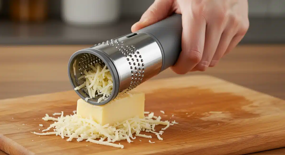 Mano sujetando cómodamente un rallador rotatorio ergonómico mientras ralla queso, mostrando el diseño antideslizante y la facilidad de uso.