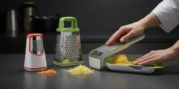Tres ralladores ergonómicos de diseño futurista sobre una encimera de cocina moderna, destacando su innovación y comodidad.