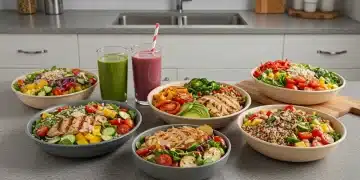 Mesa de cozinha moderna com diversas refeições fit coloridas e prontas em 15 minutos, incluindo saladas, frango grelhado, quinoa e smoothies, transmitindo saúde e praticidade.