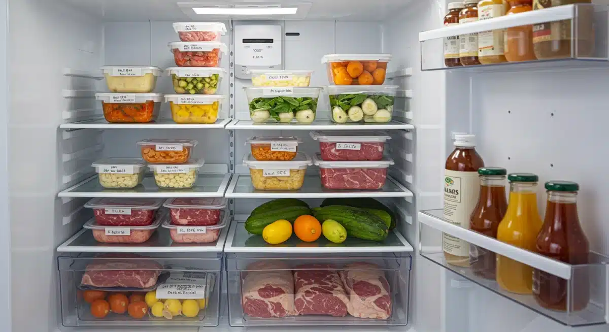 Organized refrigerator with raw meat stored on the bottom shelf, preventing drips and cross-contamination.