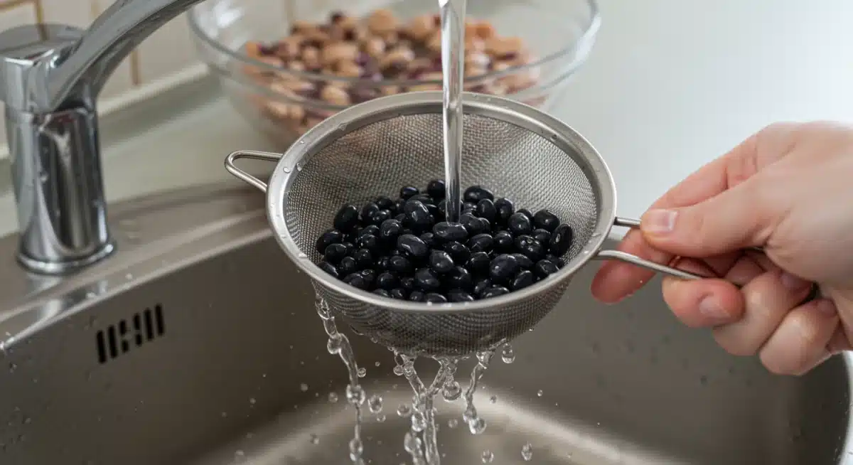Mano enjuagando alubias negras remojadas antes de la cocción, enfatizando la preparación adecuada.