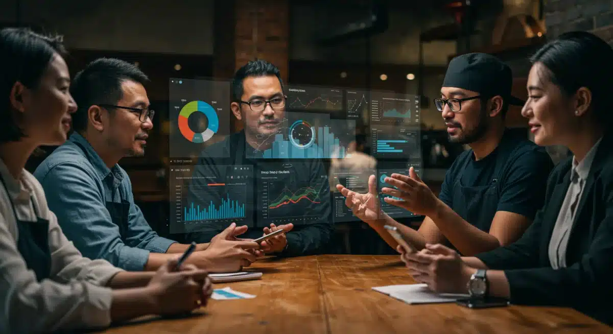 Restaurant professionals analyzing real-time supply chain data on a digital dashboard for proactive management.