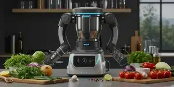 Robot de cocina futurista preparando una comida saludable en una cocina moderna.
