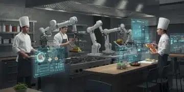 Robotic arm assisting a human chef in a modern, high-tech kitchen, symbolizing culinary tech solutions.