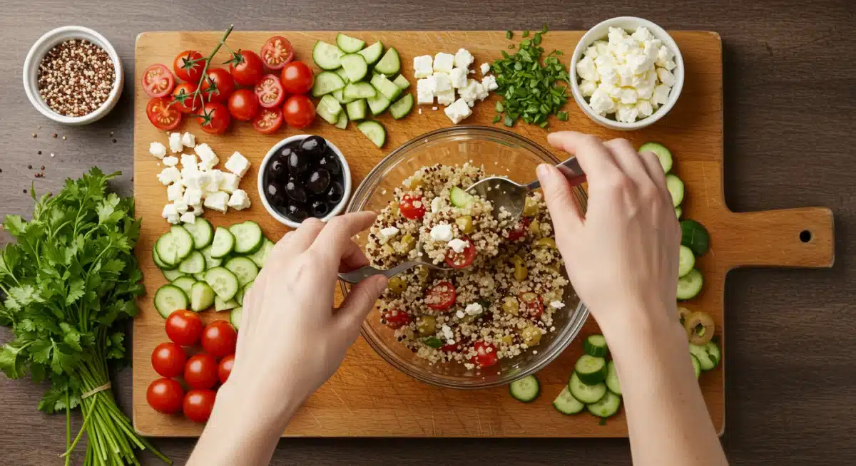 Mãos preparando uma salada de quinoa fresca e colorida com vegetais e queijo, ideal para um almoço rápido.