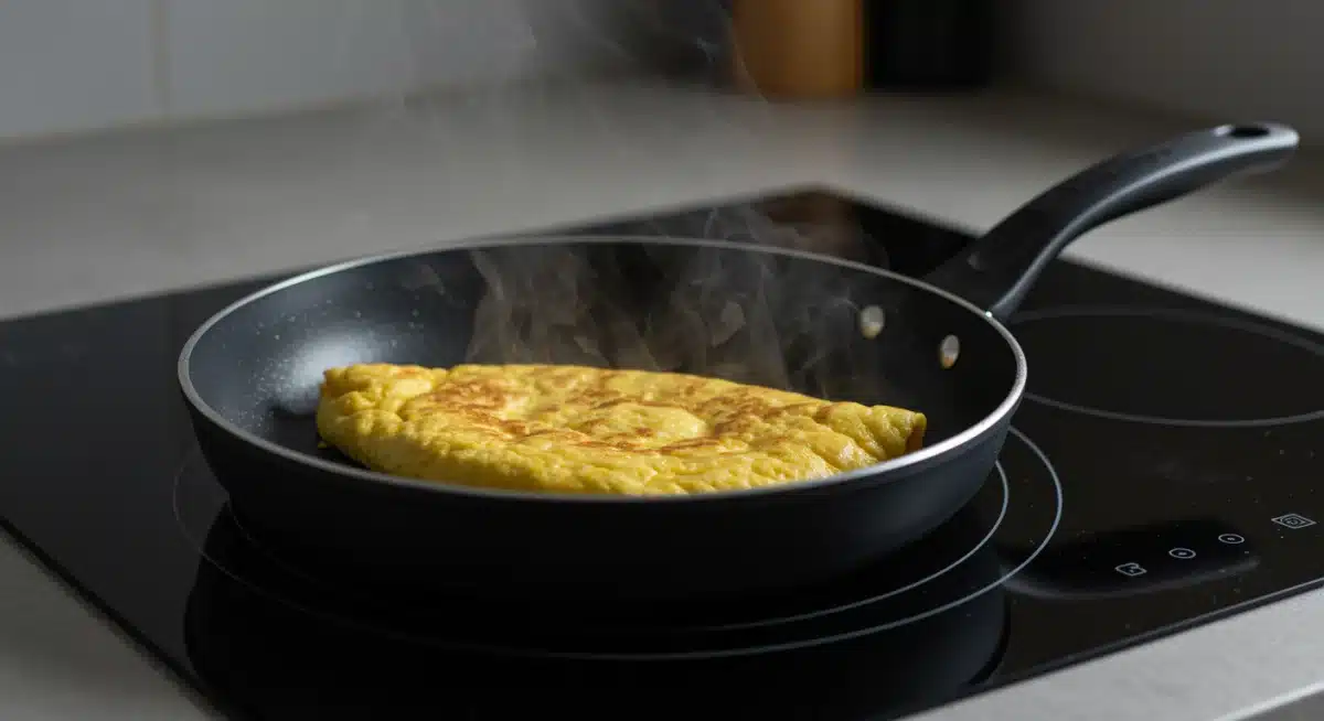 Sartén antiadherente moderna cocinando una tortilla española