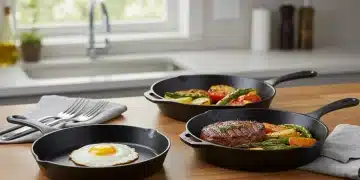Tres sartenes de hierro fundido de diferentes tamaños en una cocina moderna, mostrando su versatilidad con distintos alimentos cocinados.