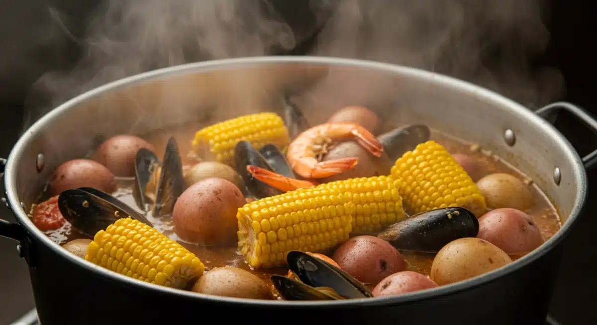 Large pot of New England seafood boil boiling on a stove, with steam rising from the flavorful broth and ingredients.