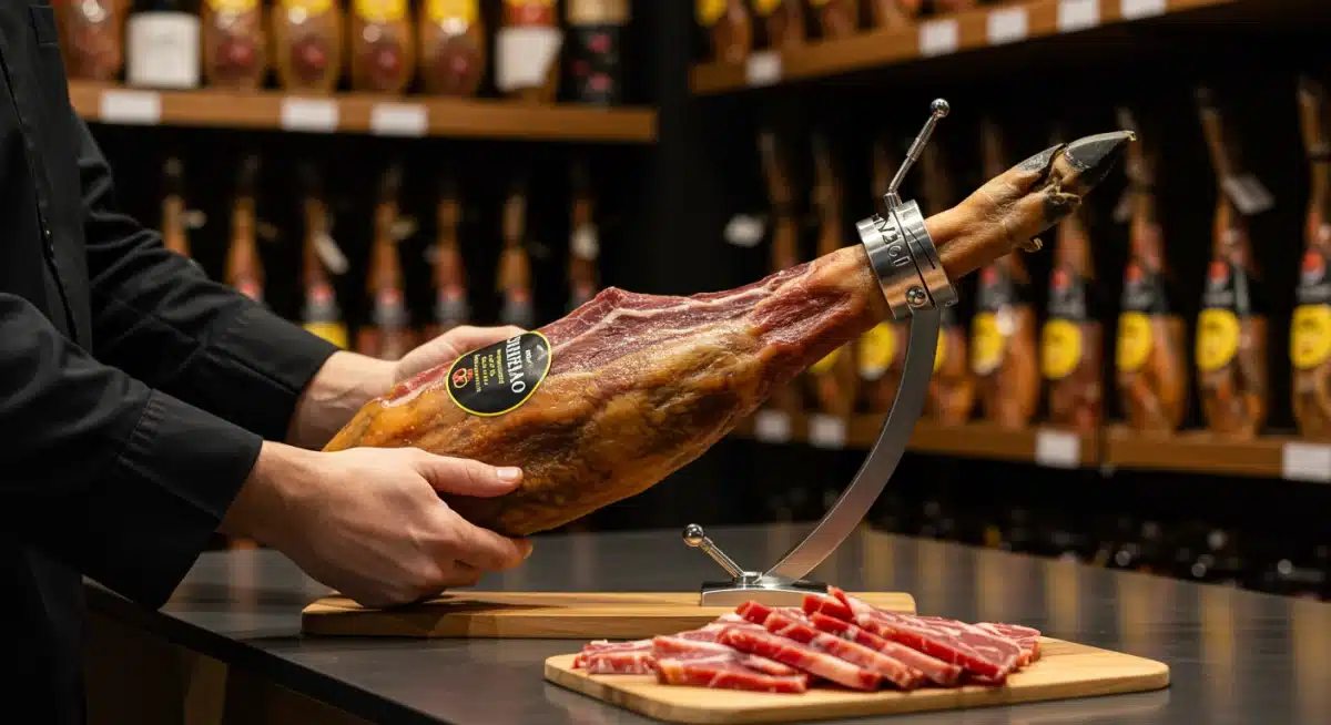 Experto seleccionando un jamón ibérico en una tienda gourmet, examinando la etiqueta de calidad.