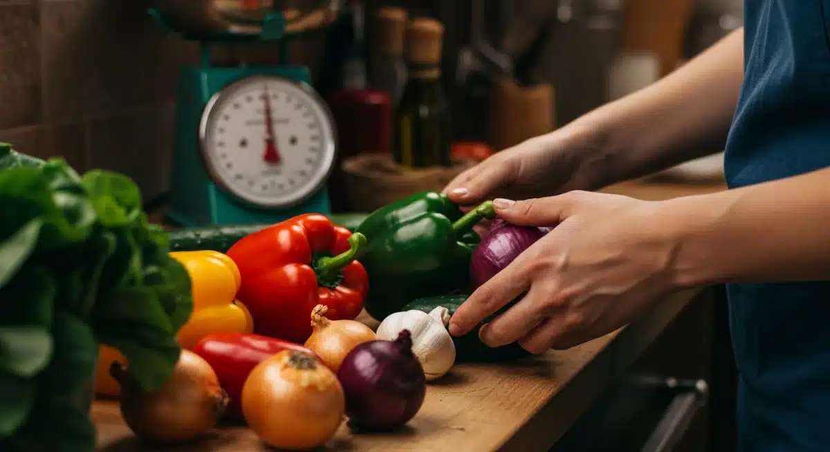Manos seleccionando vegetales frescos en la cocina, destacando la importancia de la calidad y la compra consciente para reducir el desperdicio.