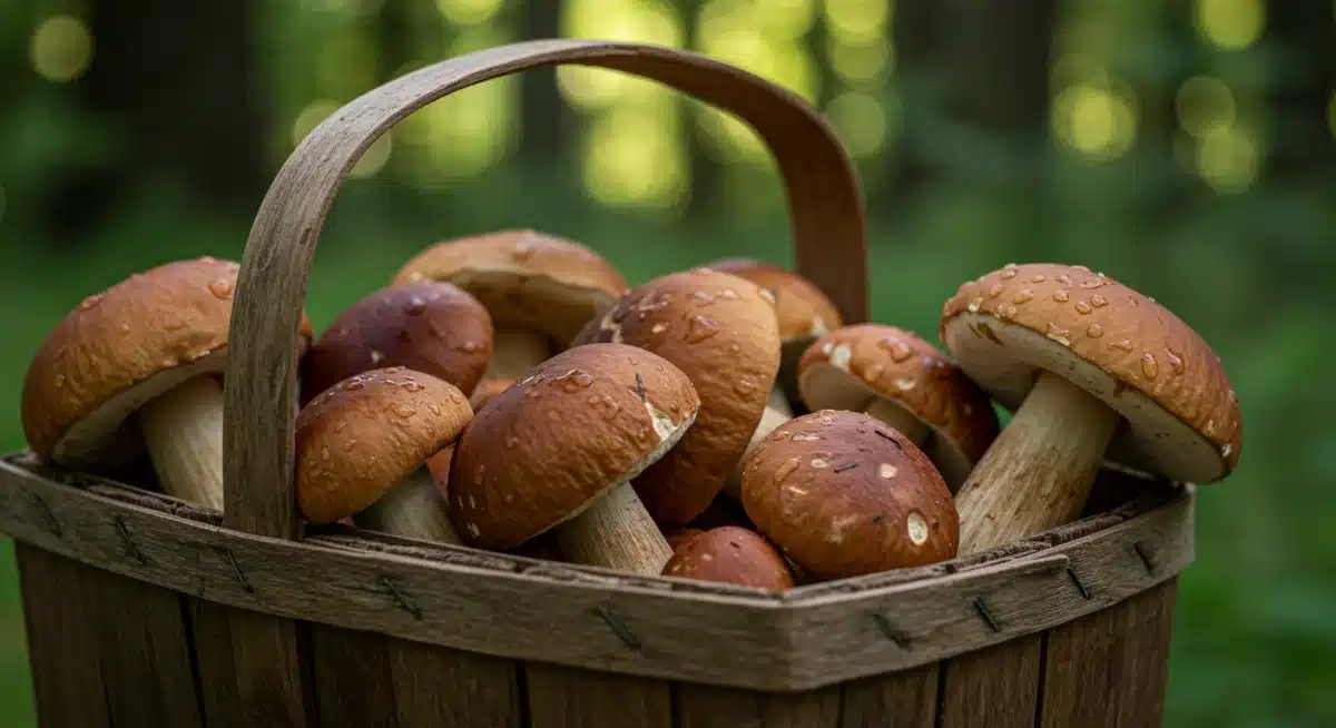 Primer plano de setas silvestres recién recolectadas en una cesta de madera.