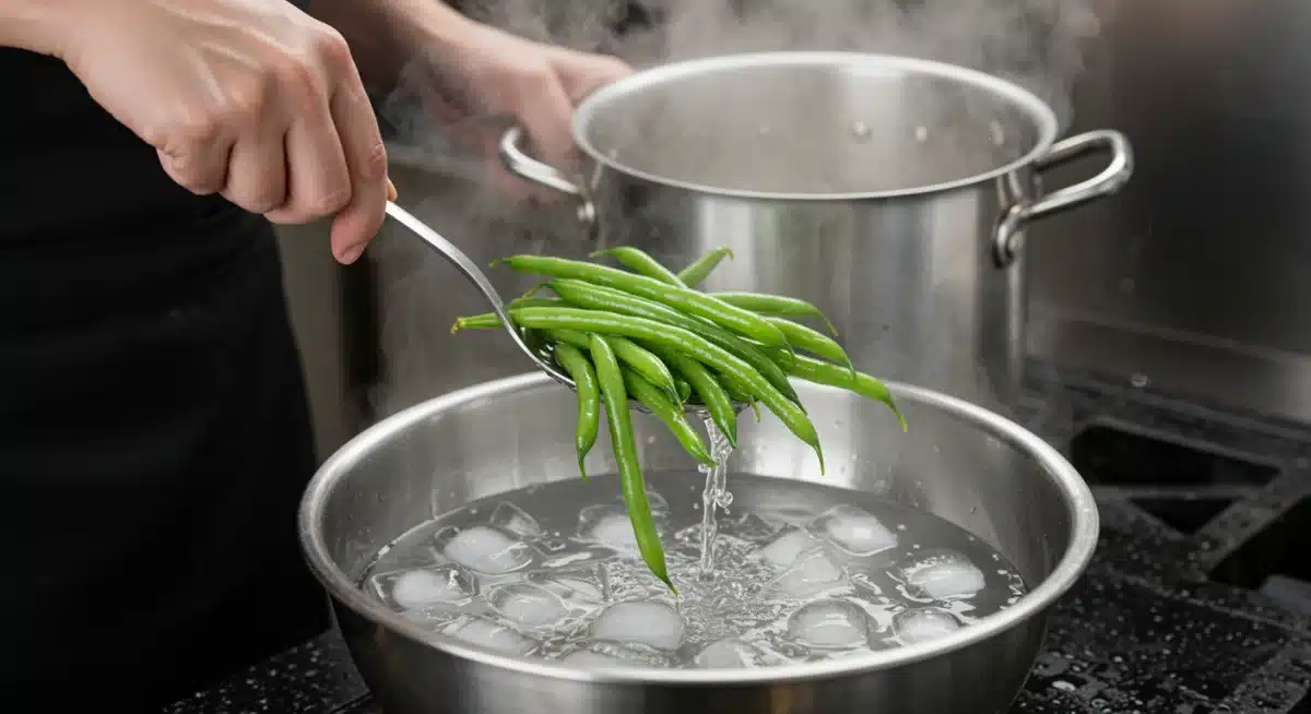 Chef shocking blanched green beans in ice water