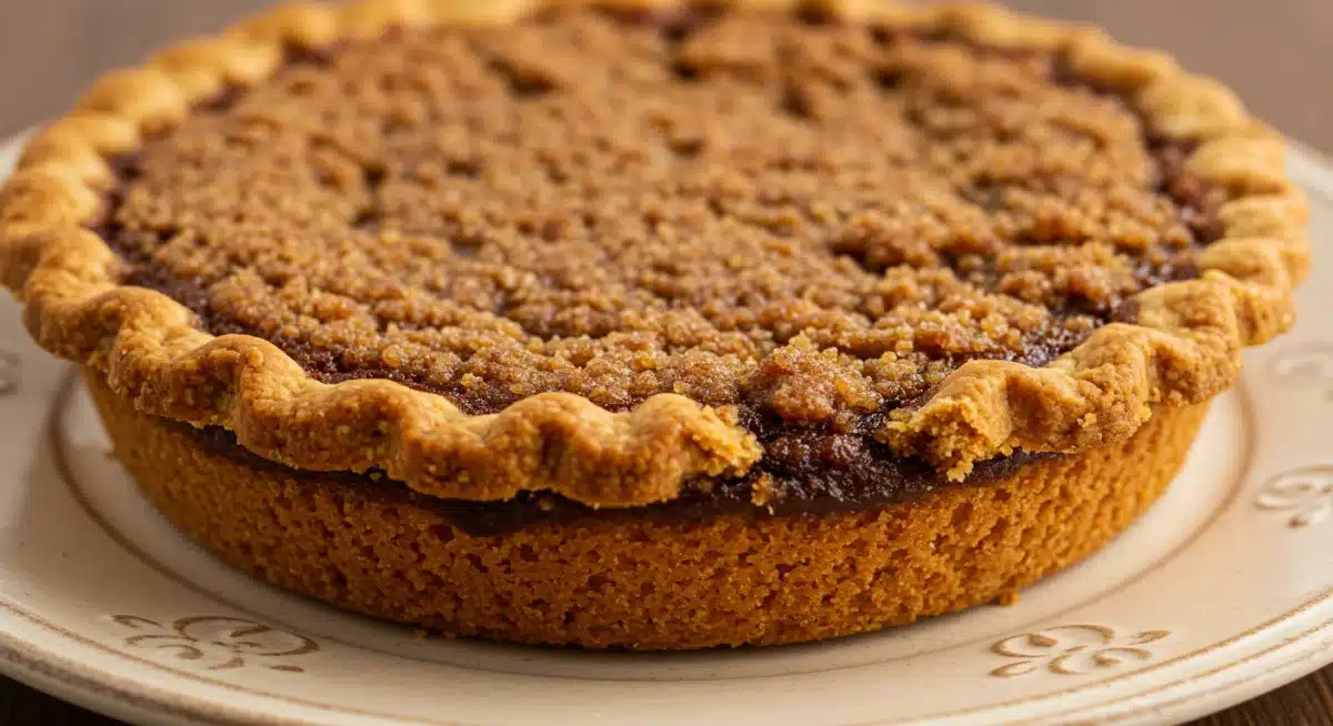 Deliciously baked shoofly pie with a rich molasses filling and crumbly topping.