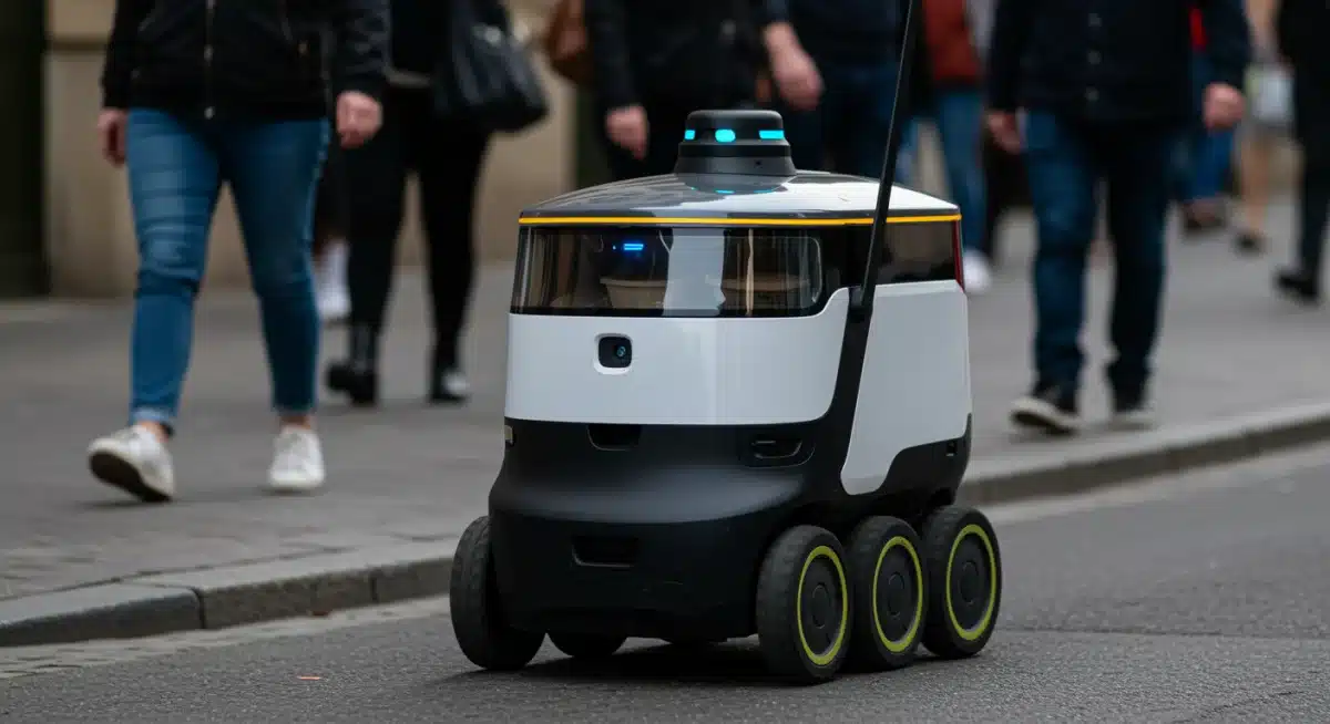 Autonomous sidewalk delivery robot carrying food on a city street.