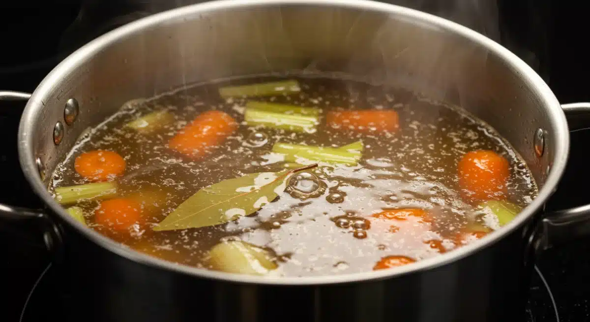 Homemade stock simmering gently on a stovetop, releasing rich aromas