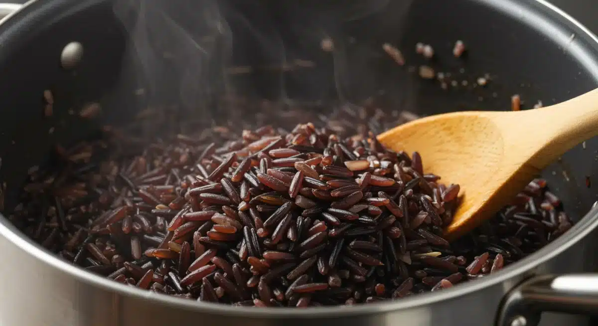 Close-up of wild rice simmering in a pot, highlighting its texture and color.