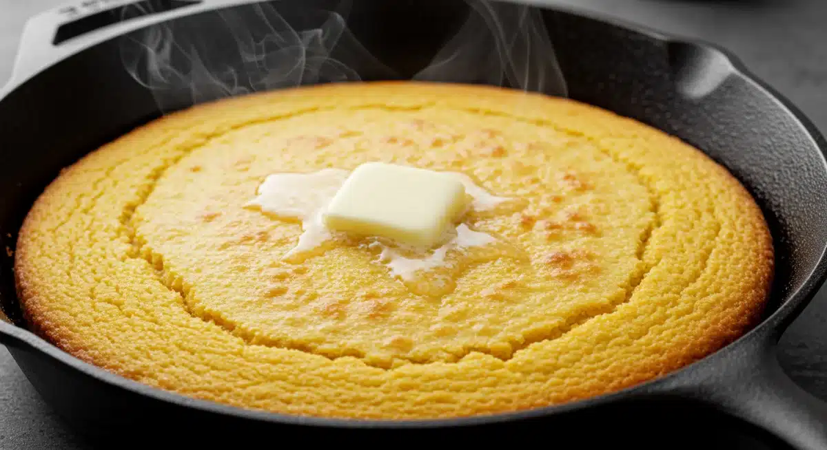 Golden-brown cast iron skillet cornbread with melting butter.