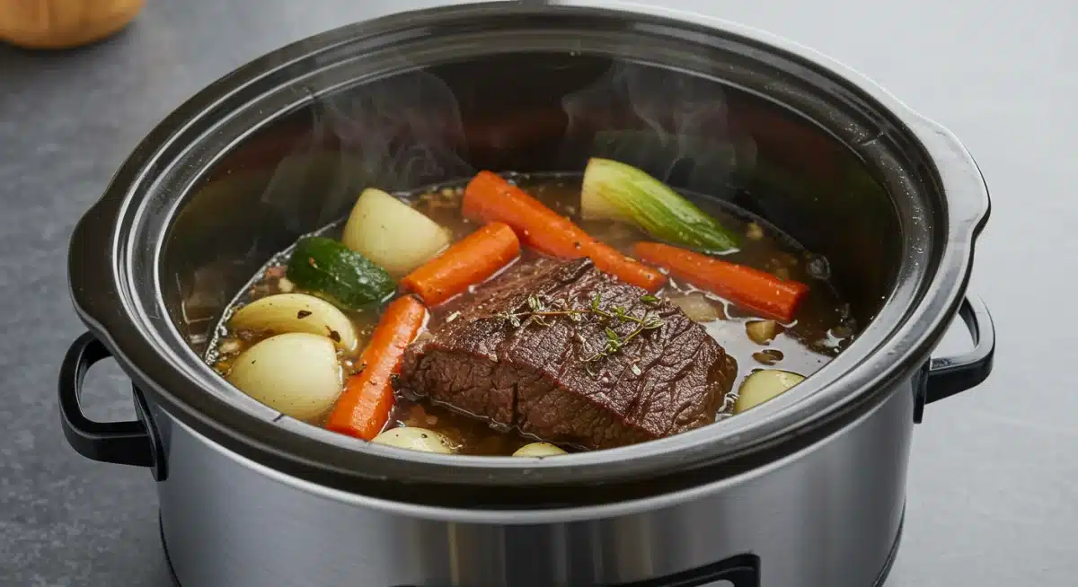 Pot roast simmering in a slow cooker with vegetables