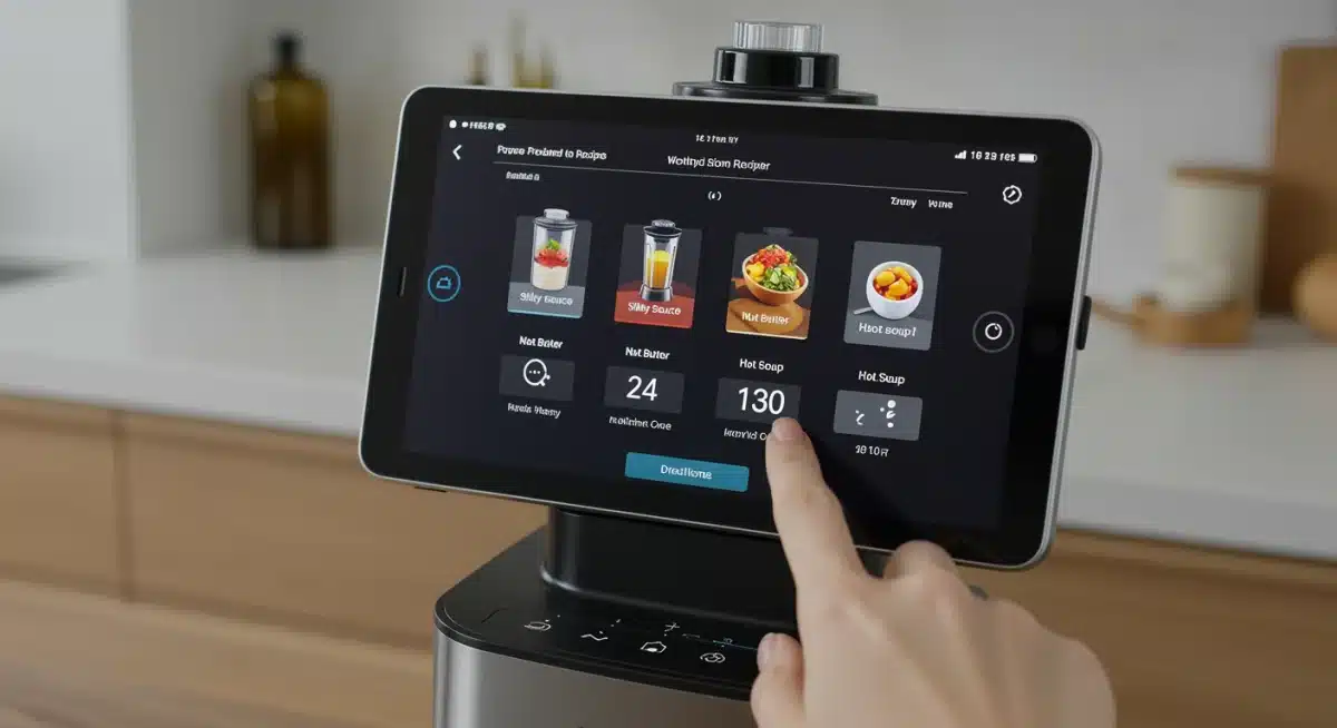 Smart blender interface with pre-programmed cycles and real-time data.