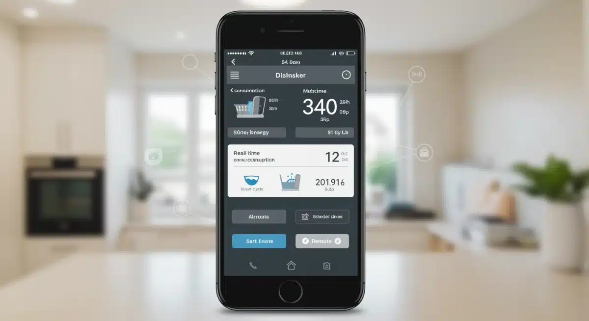 Smartphone app controlling a smart dishwasher, displaying energy and water usage data.