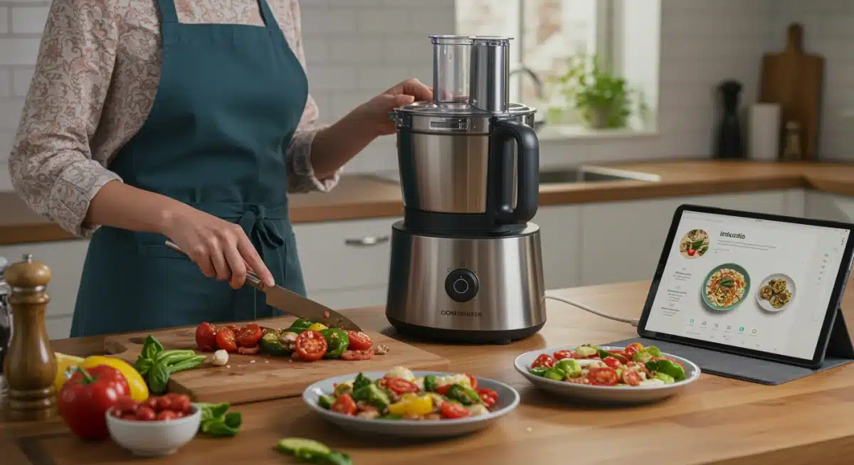 Home cook using a smart food processor with a tablet for recipe guidance