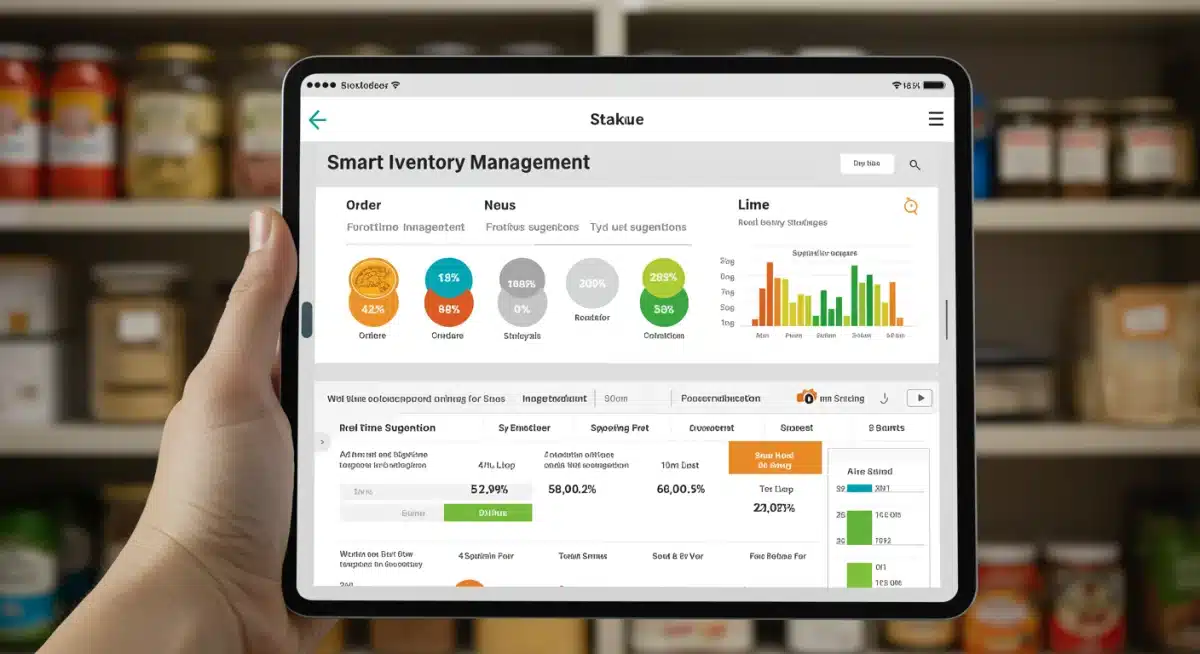 Tablet screen displaying smart inventory management data in a restaurant pantry, highlighting efficiency.