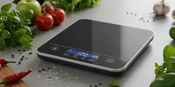 Modern smart kitchen scale displaying precise ingredient weight for cooking accuracy.