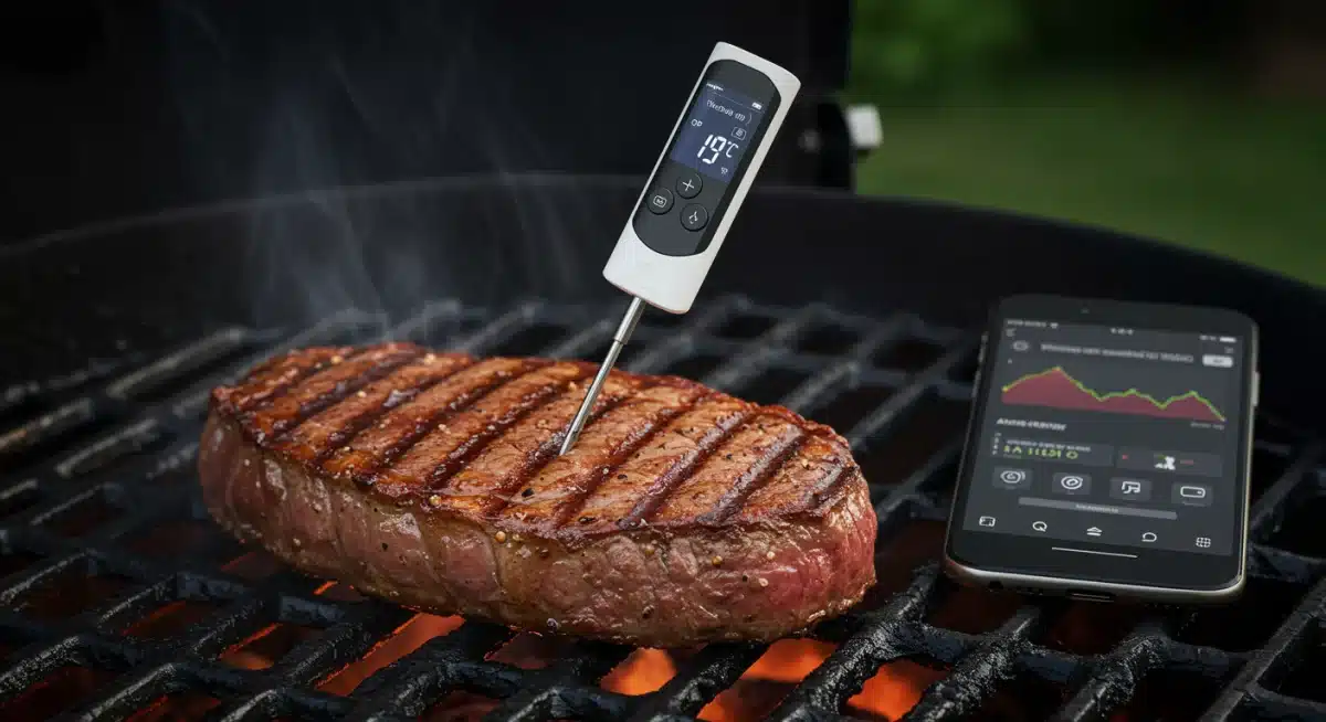 Wireless smart meat thermometer monitoring steak temperature on a grill