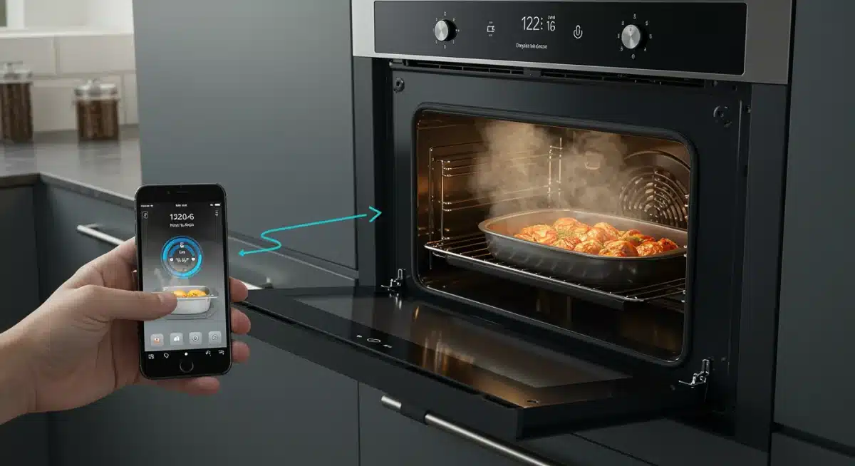 Smart oven displaying cooking progress, controlled via a smartphone app.