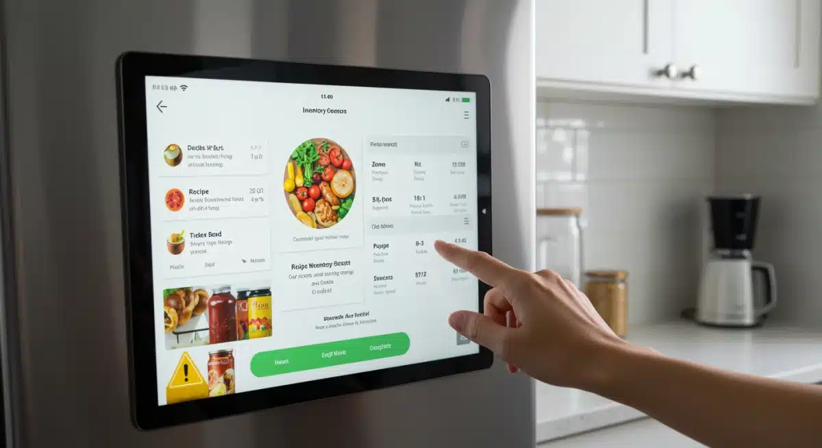 User interacting with smart refrigerator touchscreen interface for inventory management