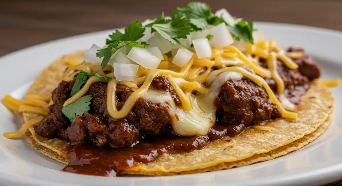 Close-up of a smoked brisket birria quesataco with broth and fresh garnishes