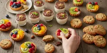 Variedade de sobremesas sem glúten e lactose, coloridas e apetitosas, sobre mesa de madeira