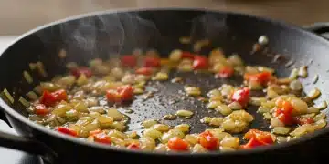 Sofrito dorado y aromático en una sartén, base esencial para guisos.