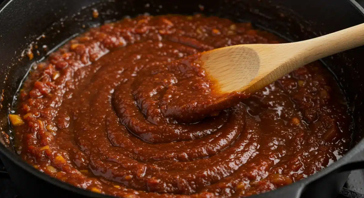 Cuchara de madera removiendo un sofrito espeso y de color intenso en una olla de hierro fundido.