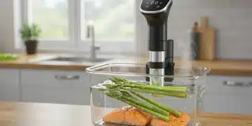 Modern sous vide immersion circulator cooking salmon and asparagus