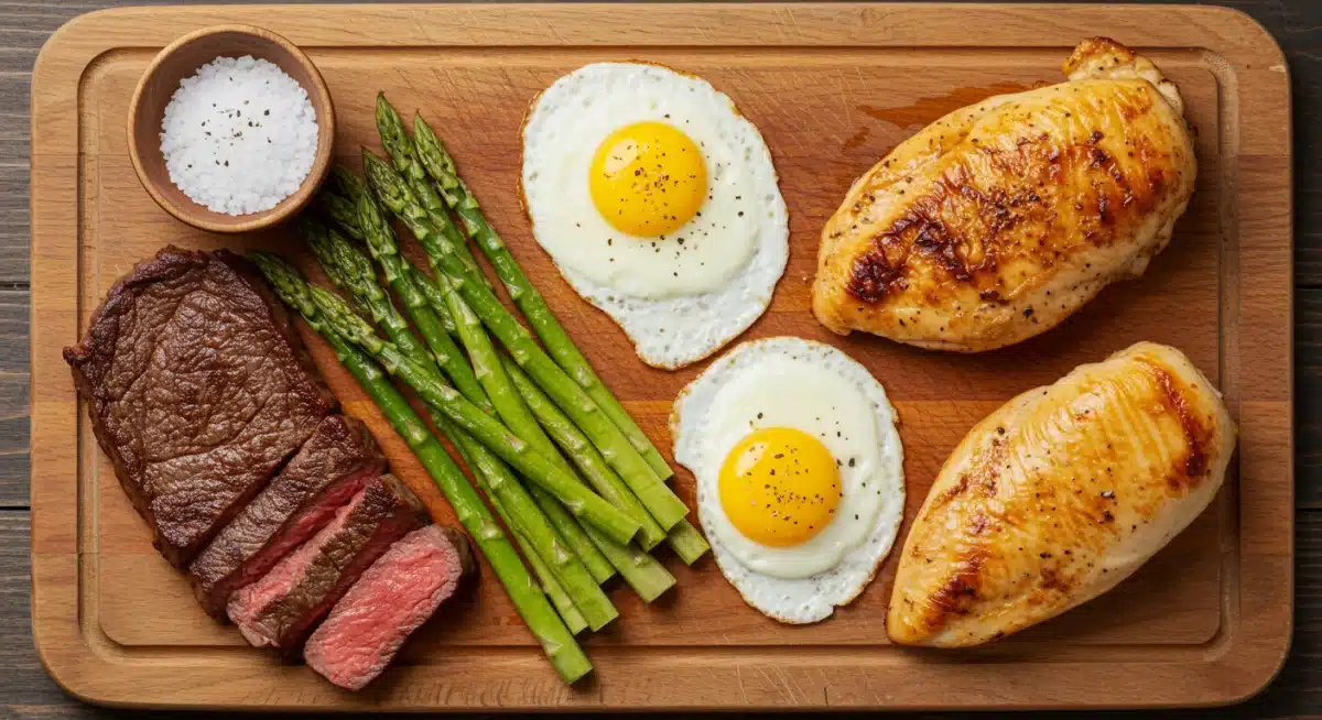 Assortment of perfectly cooked sous vide dishes on a wooden board